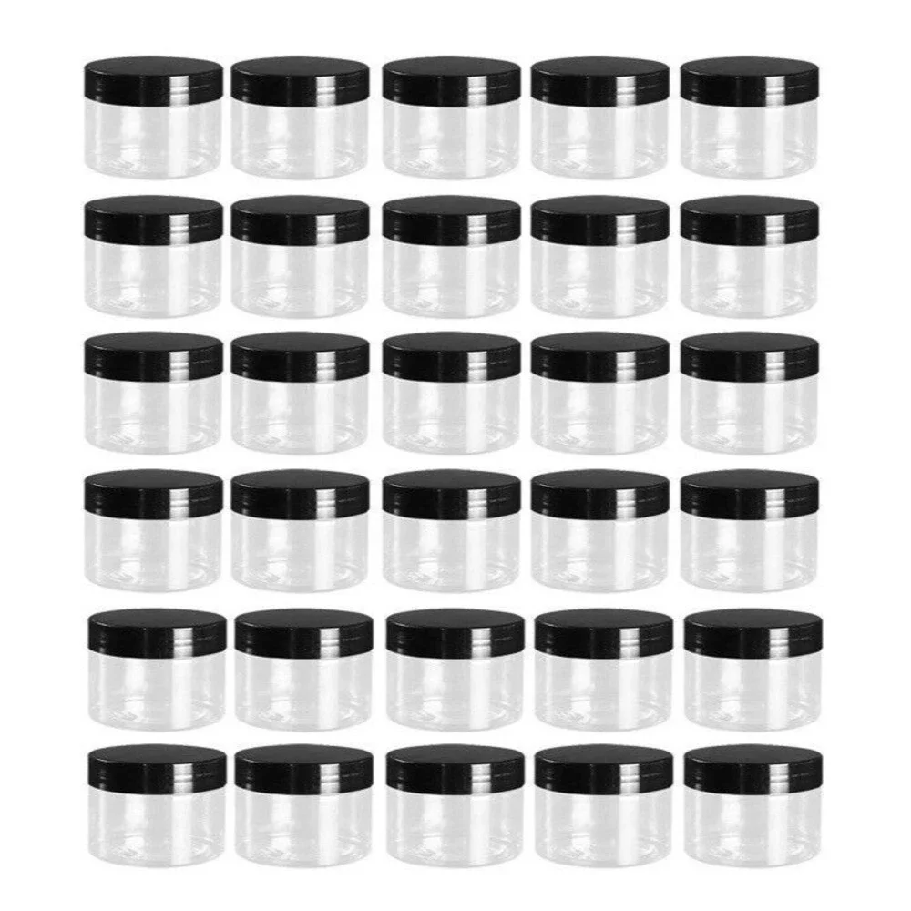 30 Pack 4oz Clear Plastic Jars w/ Black Lids Leak-Proof Round BPA-Free Food Safe